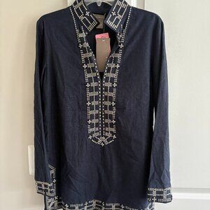 Kenar Navy Blue Tunic Caftan Top Rhinestone Embroidered - SZ L   NEW w Tags